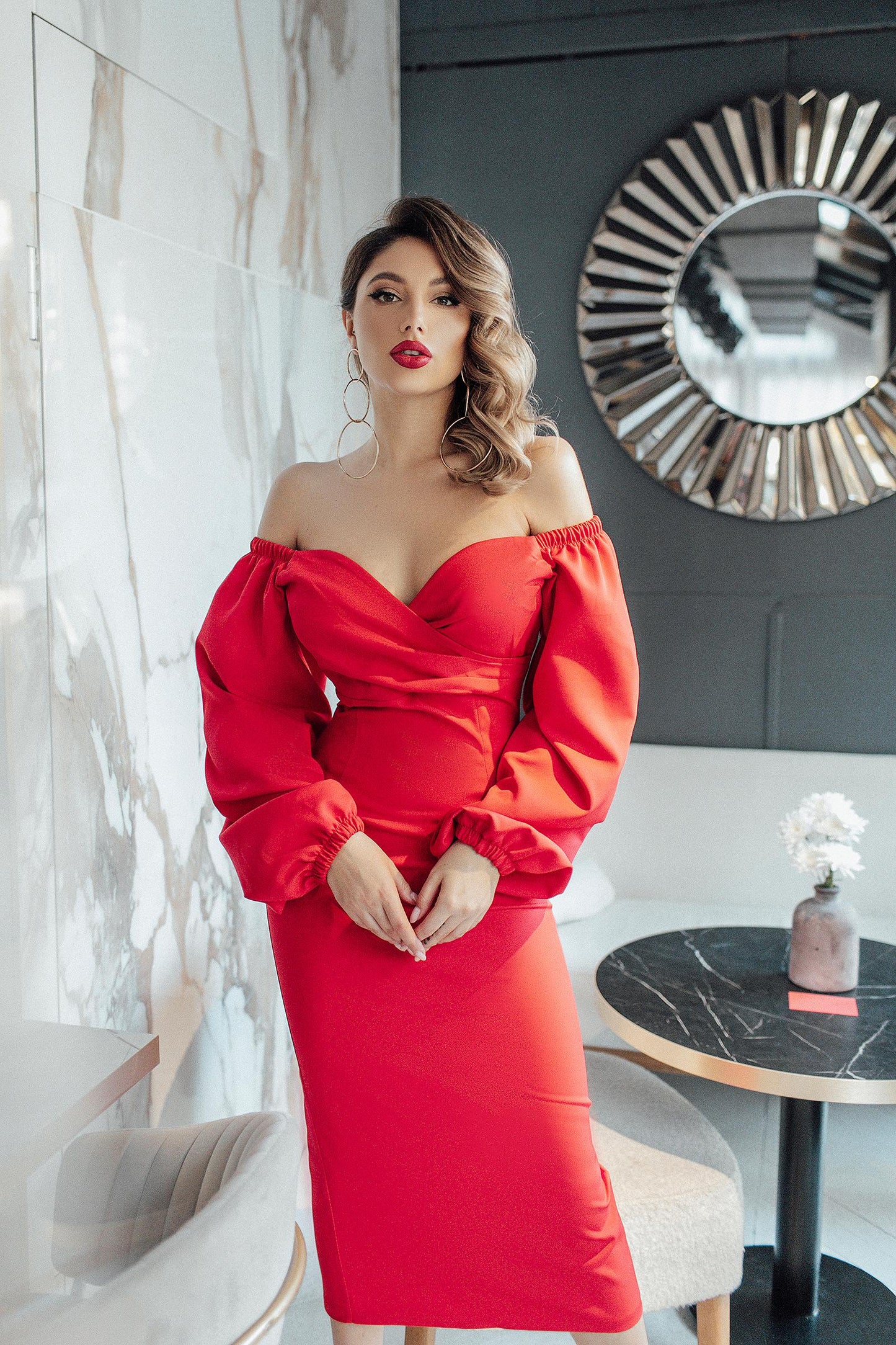 trinarosh Red Puff-Sleeve Midi Dress