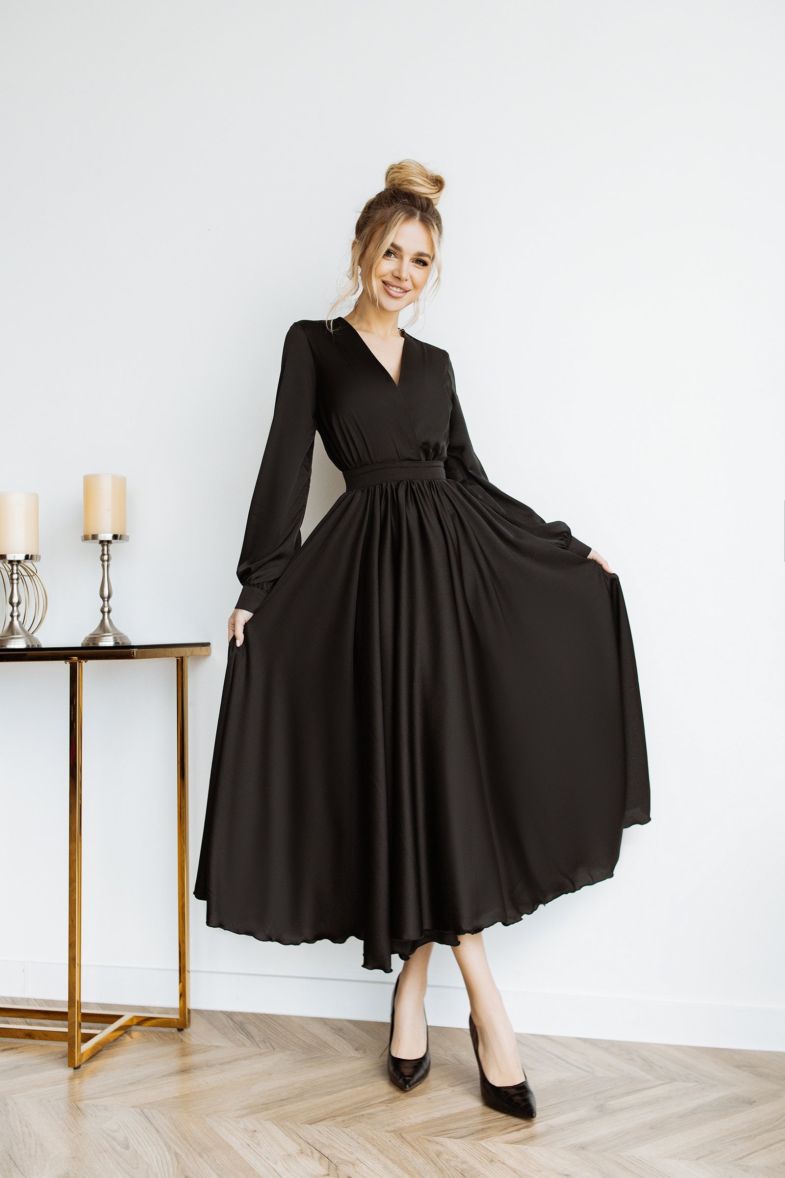 Black Floor Long Silk Dress, Black Silk Maxi Dress, Elegant Silk