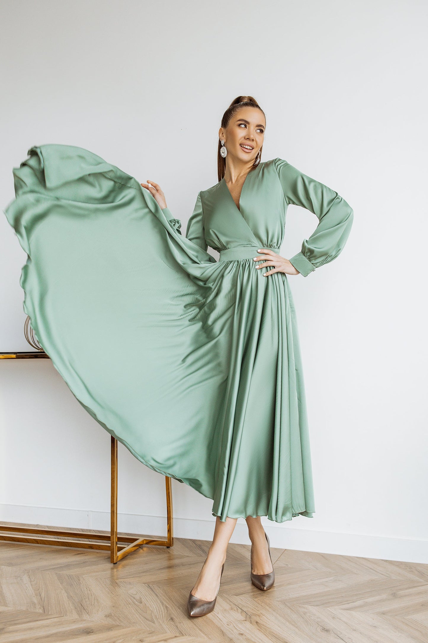 trinarosh Olive Silk Long Sleeve Maxi Dress