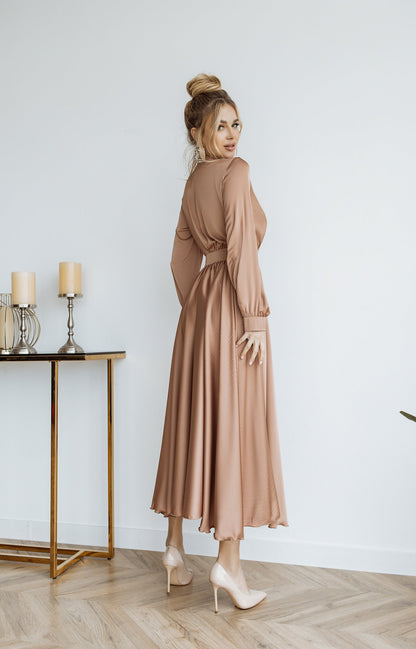 trinarosh Beige Silk Long Sleeve Maxi Dress