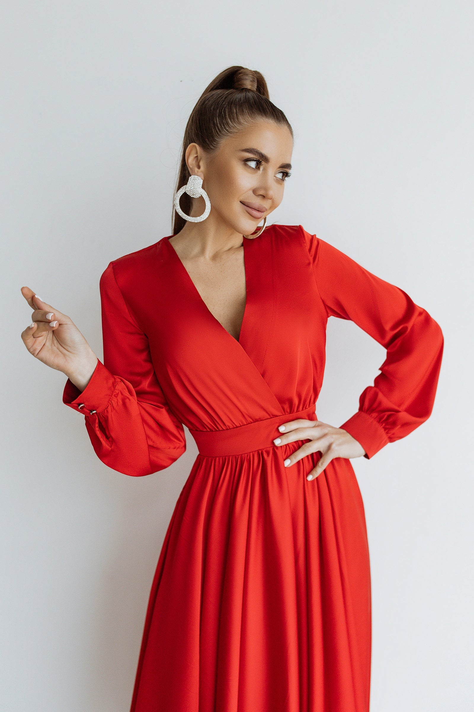 trinarosh Red Silk Long Sleeve Maxi Dress