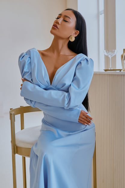 trinarosh Sky-Blue Satin Bow Back Midi Dress