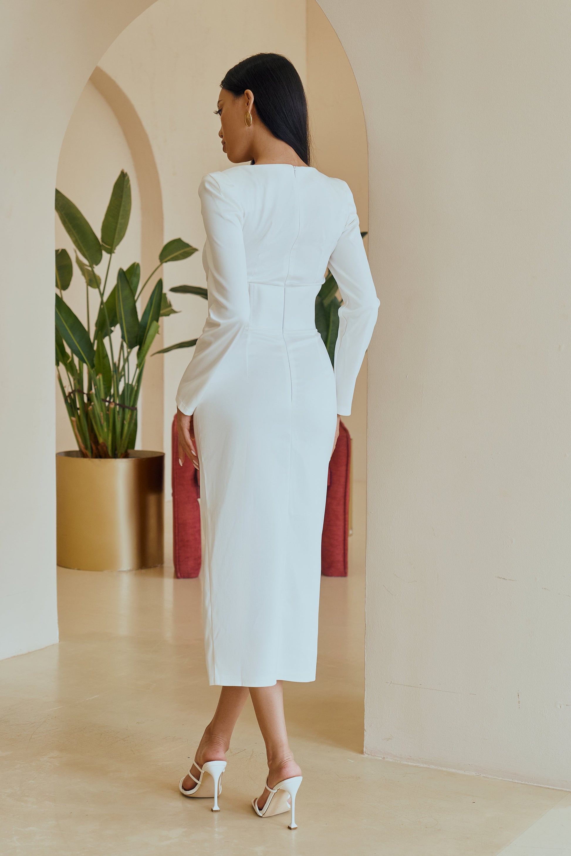 long sleeve white satin midi dress Ivory Satin Midi Dress With Open Back and Long Sleeves for Birthday Women, Bachelorette Party or Wedding Guest Dress, Bridesmaid Dress