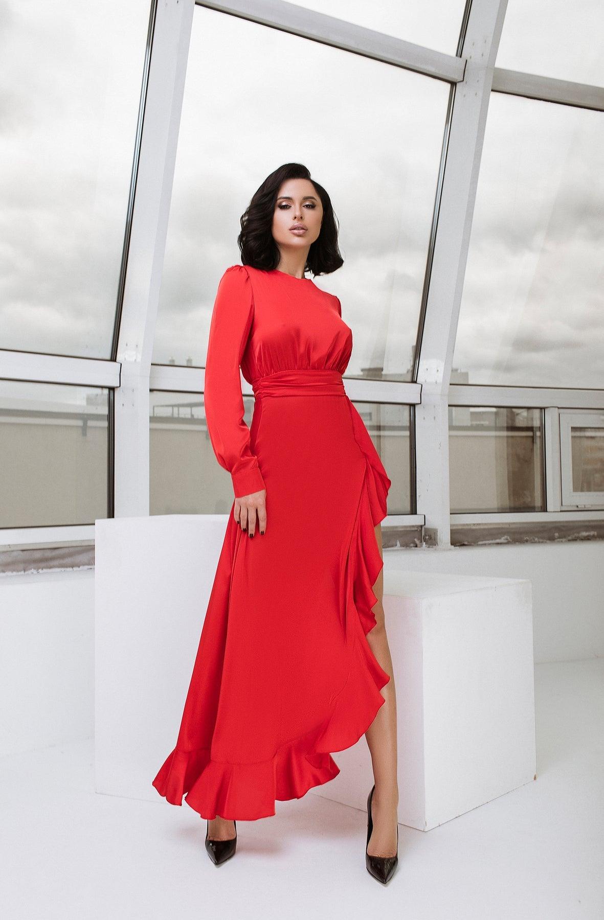 trinarosh Red Thigh-Slit Maxi Dress
