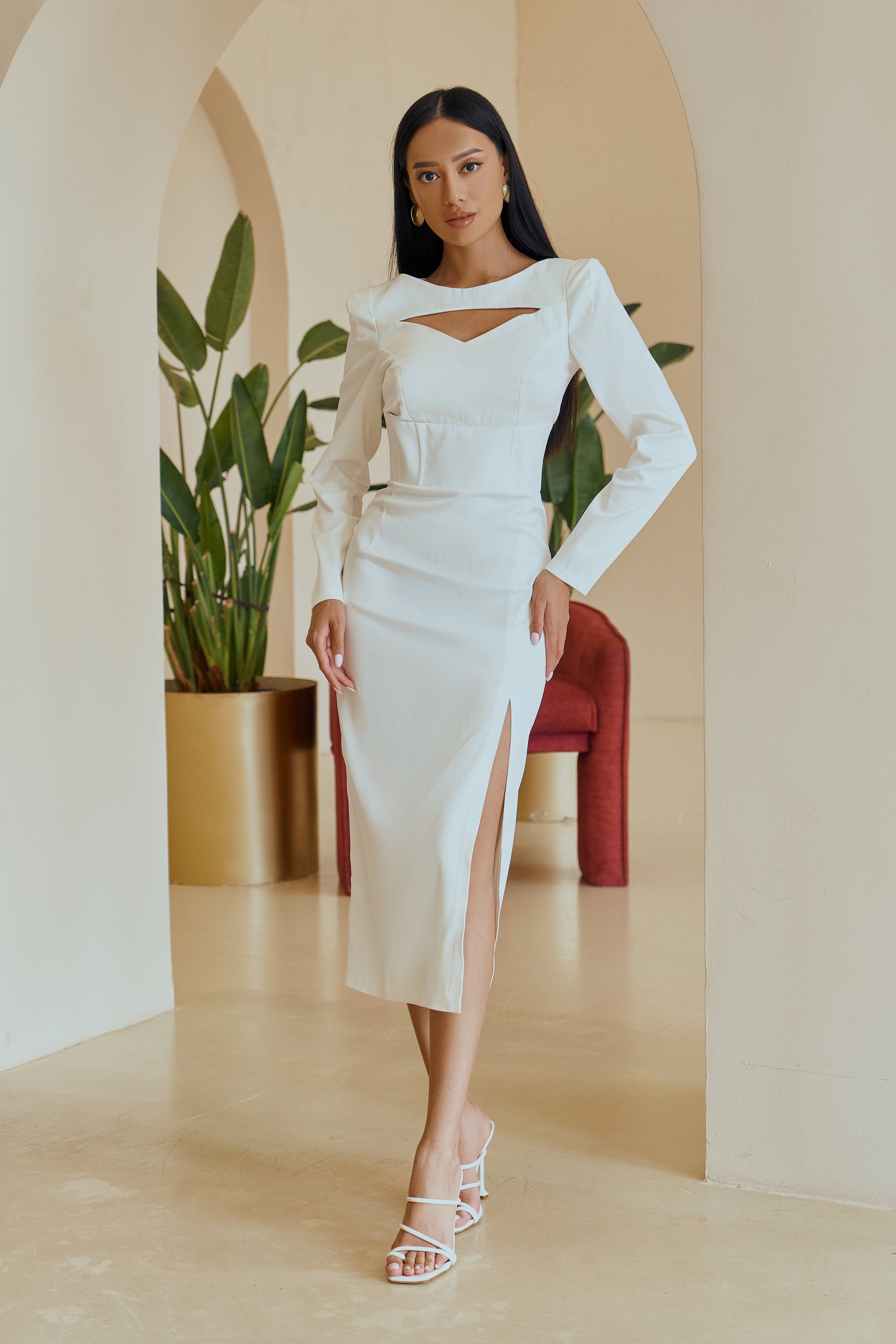 white satin midi dress long sleeve Sofia Open Back Satin Maxi Dress