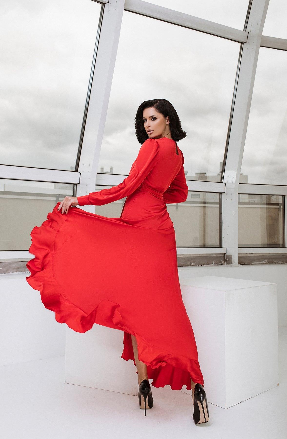 trinarosh Red Thigh-Slit Maxi Dress