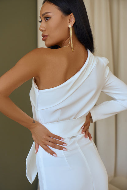 trinarosh White One-Shoulder Belted Midi Dress
