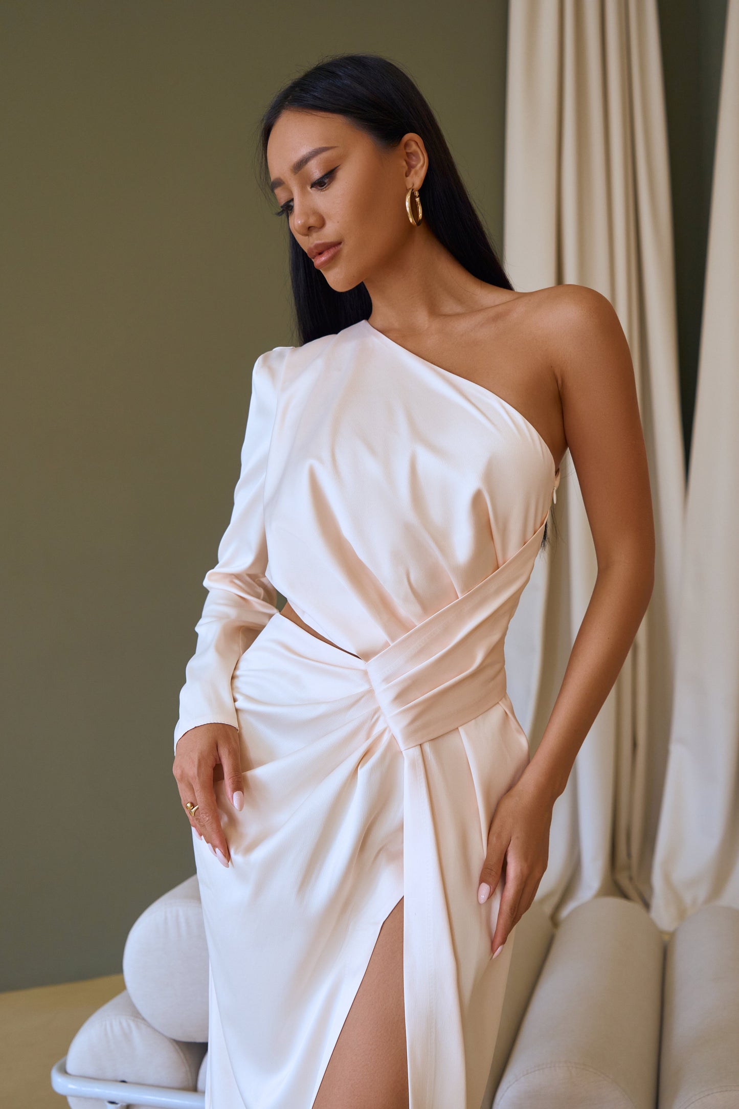 trinarosh White Satin One-Shoulder Cut-Out Midi Dress