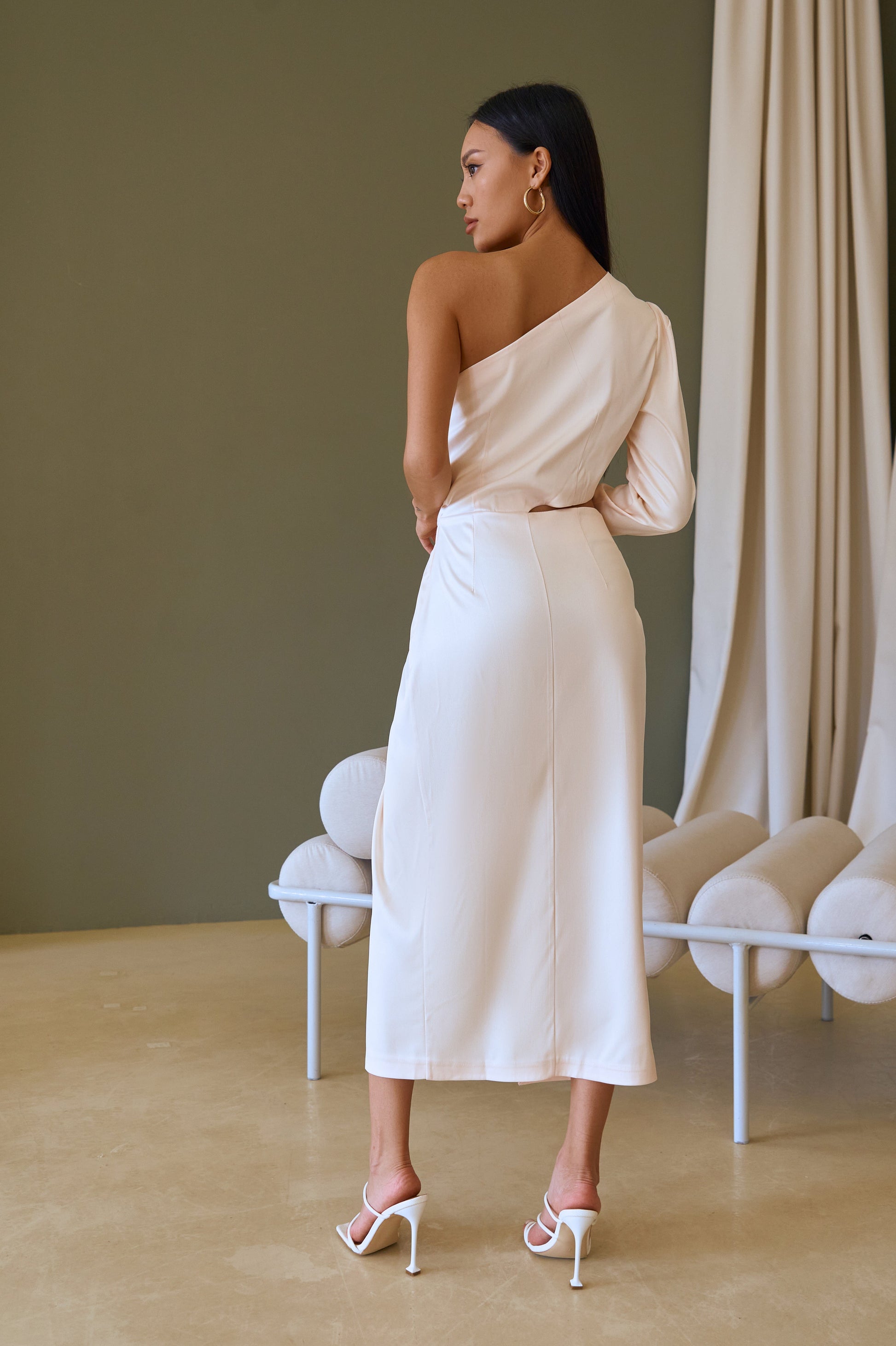 trinarosh White Satin One-Shoulder Cut-Out Midi Dress