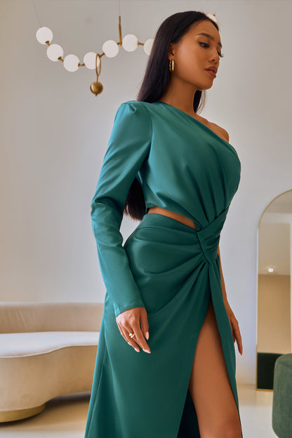 trinarosh Emerald Satin One-Shoulder Cut-Out Midi Dress