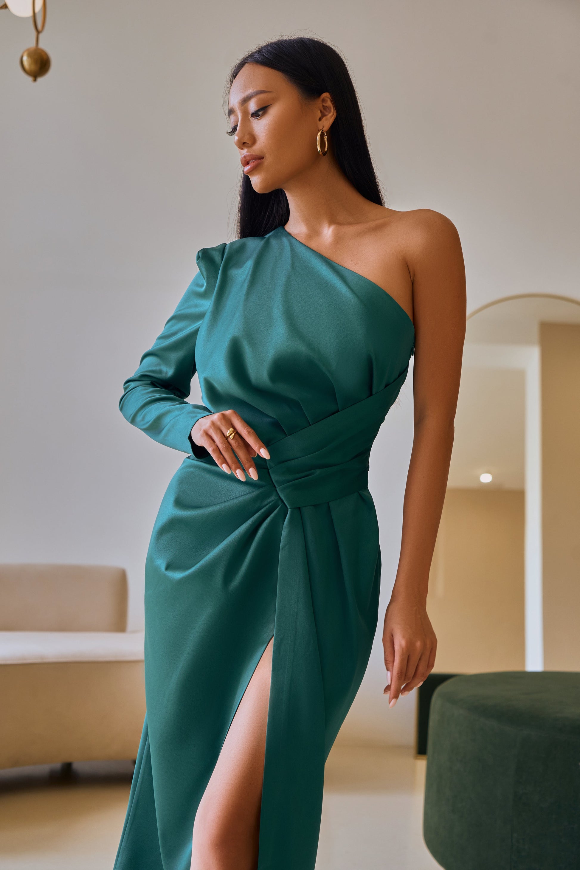 Emerald Satin One-Shoulder Cut-Out Midi Dress trinarosh Emerald Satin One-Shoulder Cut-Out Midi Dress trinarosh