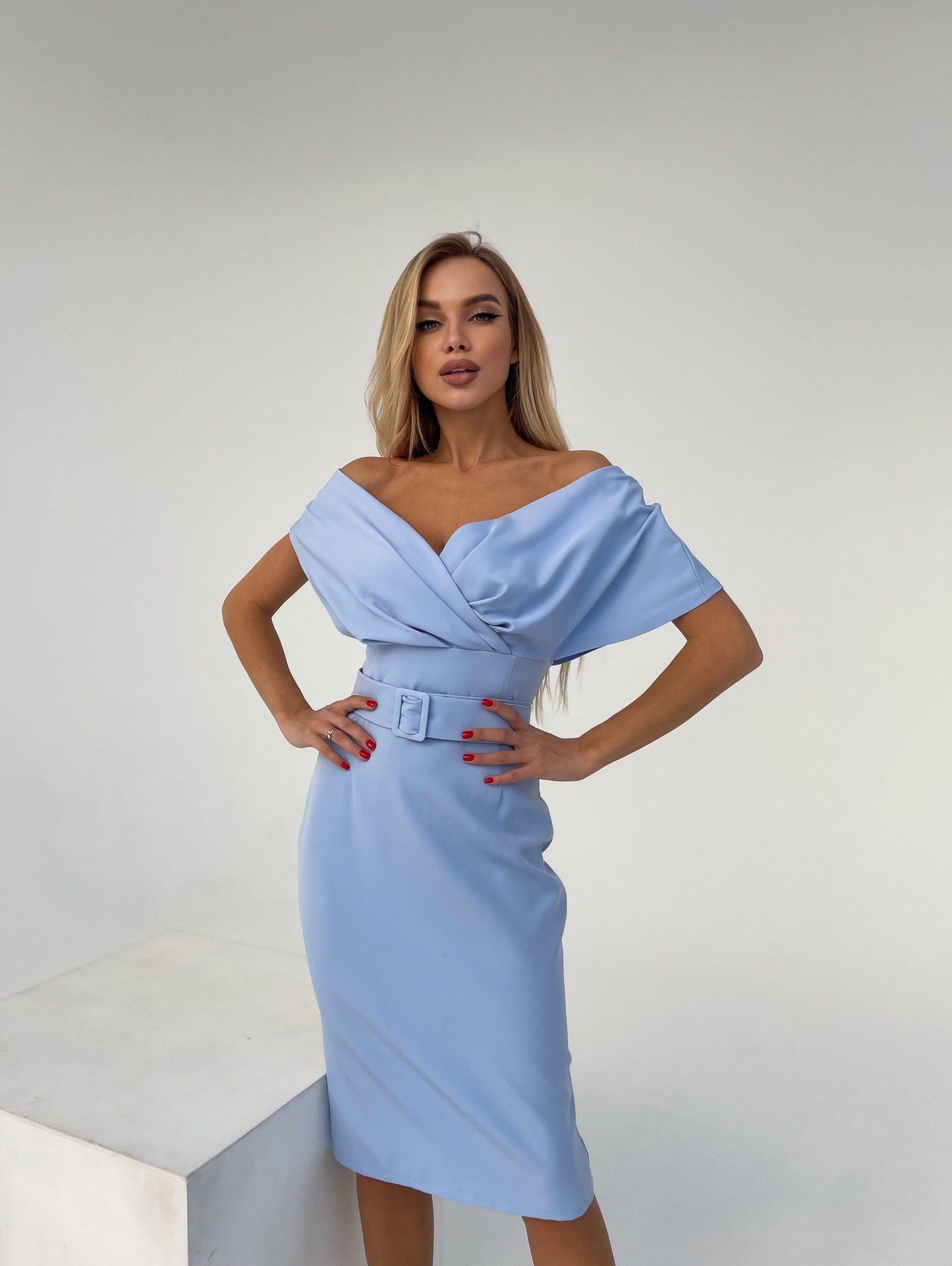 trinarosh Sky-Blue Off-the-shoulder Mini Dress