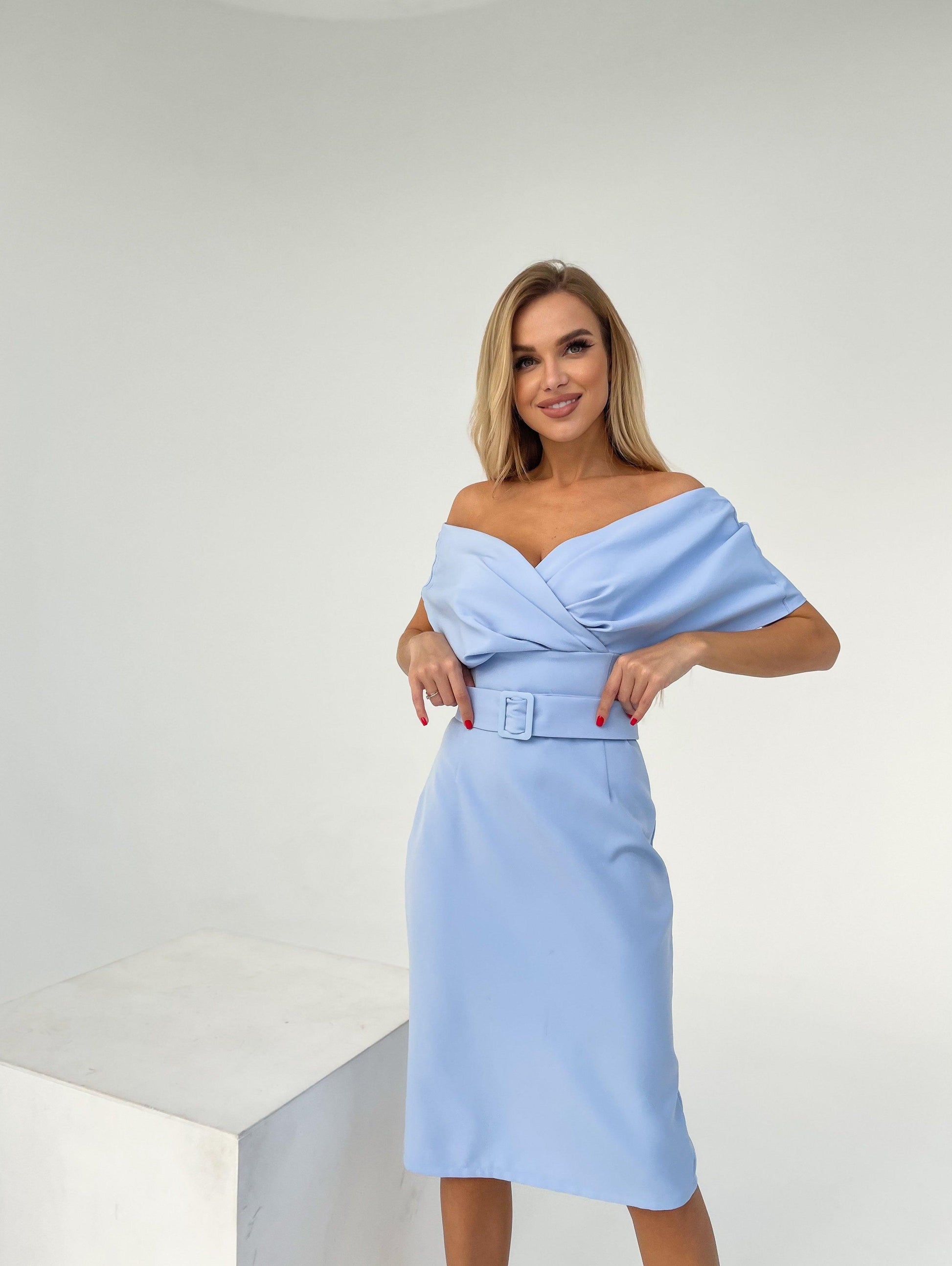 trinarosh Sky-Blue Off-the-shoulder Mini Dress
