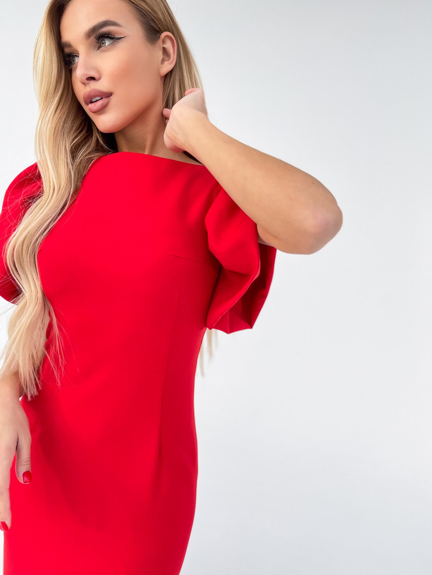 trinarosh Alexa Red Puff Sleeve Midi Dress