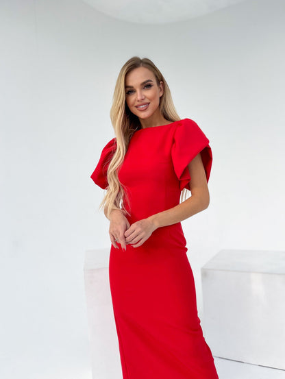 trinarosh Alexa Red Puff Sleeve Midi Dress
