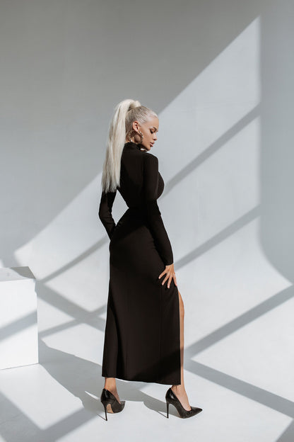 trinarosh Black High Neck Side-Slit Midi Dress