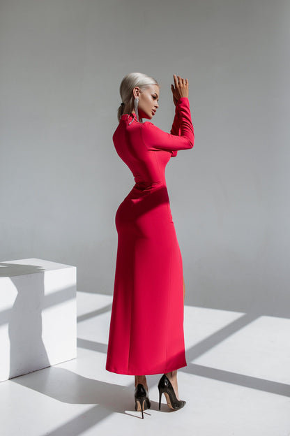 trinarosh Crimson High Neck Side-Slit Midi Dress