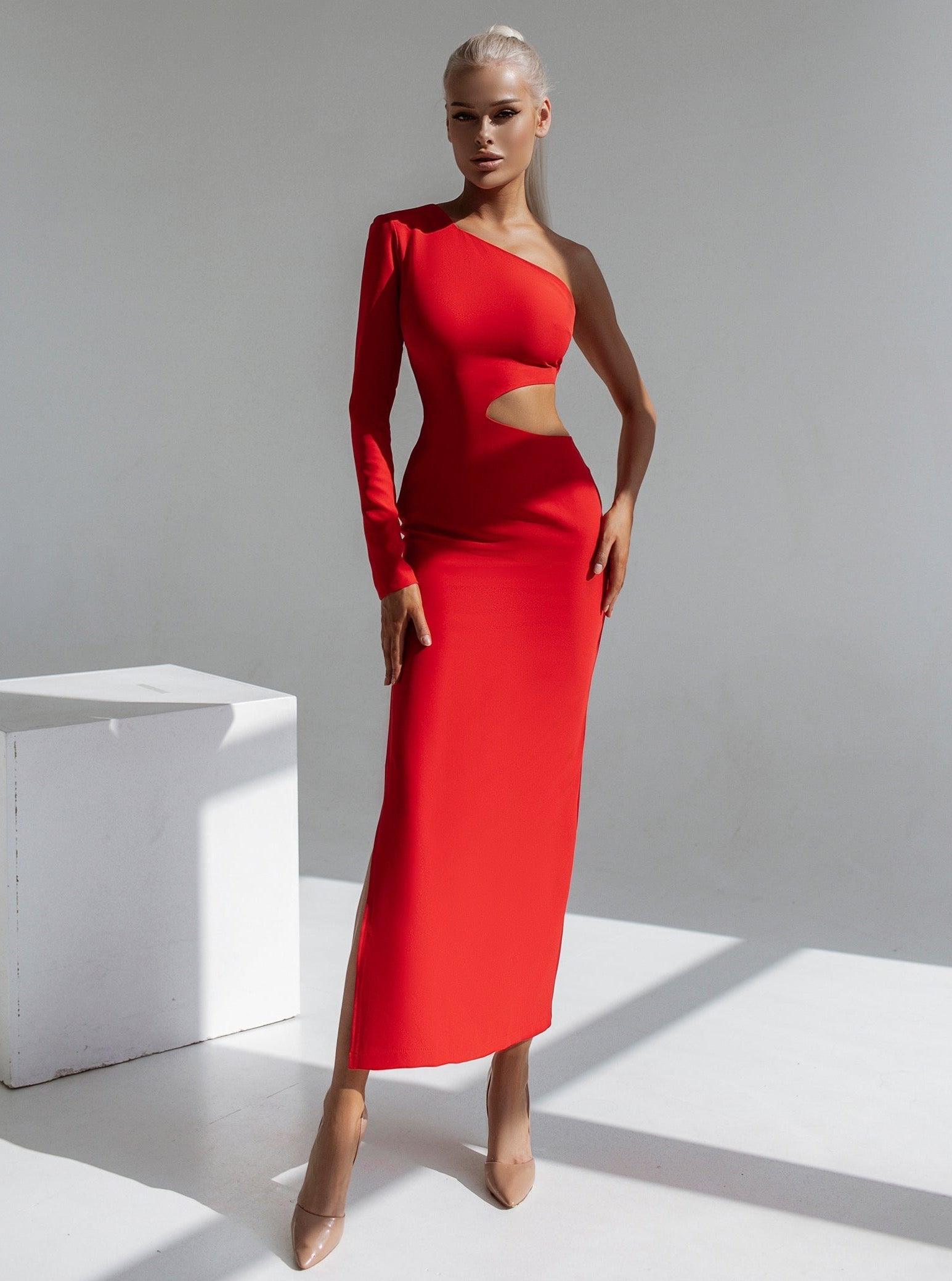 trinarosh Red One-Shoulder Cut-Out Midi Dress