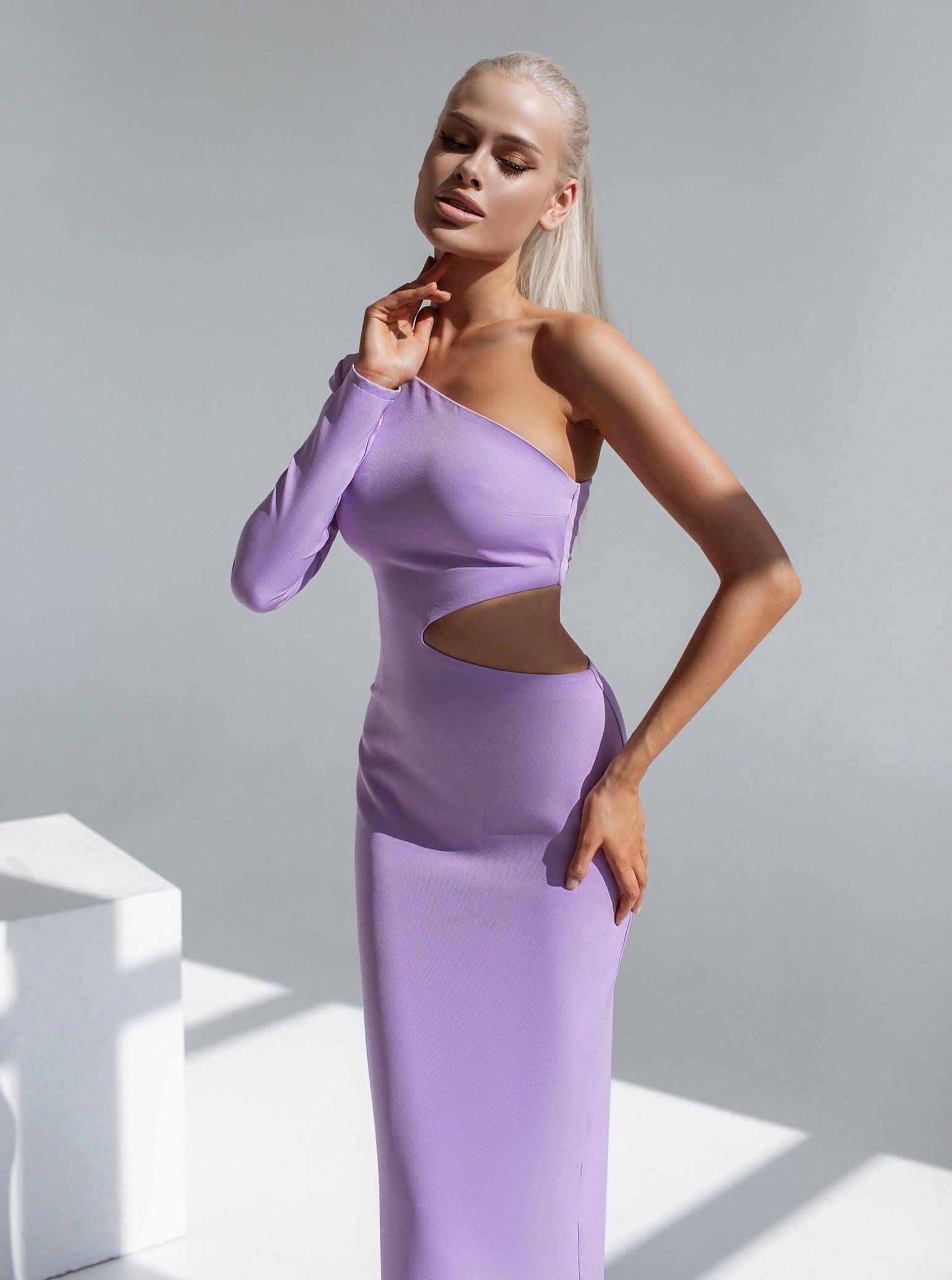 trinarosh Lavender One-Shoulder Cut-Out Midi Dress