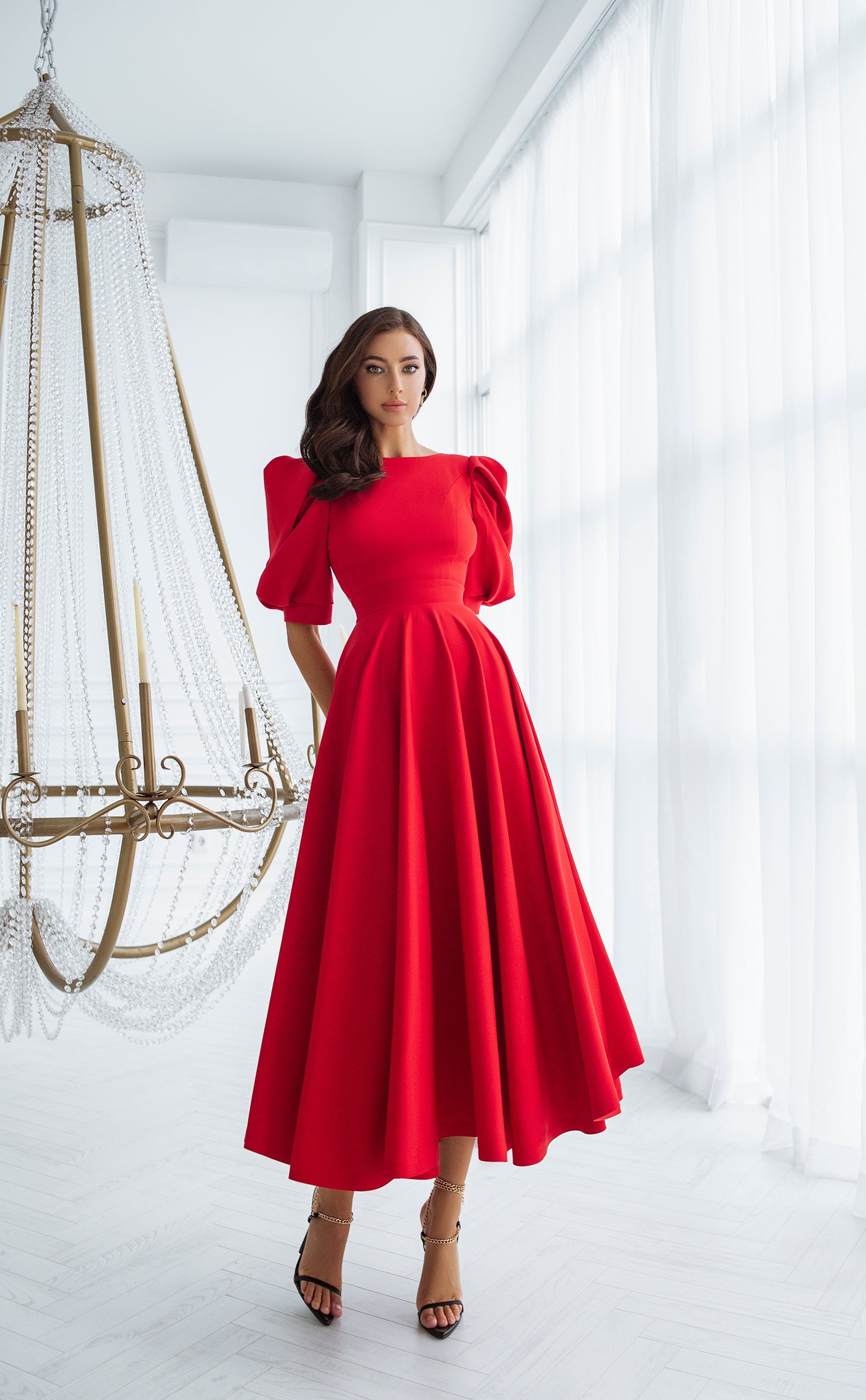 red puff sleeve dress midi Stunning Red Formal Midi Dress with Puff Sleeves and Tailored Fit