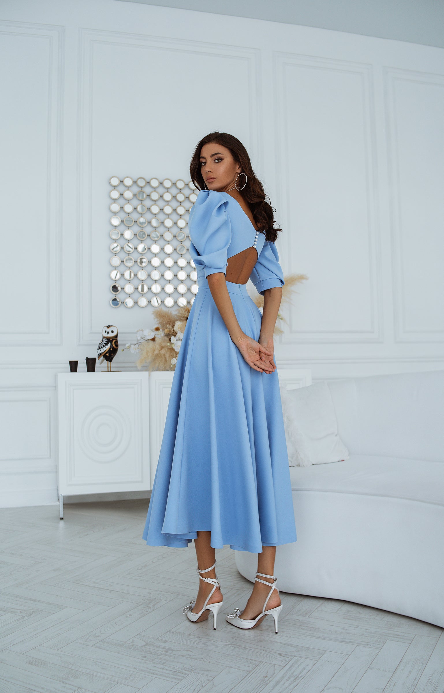 Sky-Blue Backless Puff-Sleeve Midi Dress – trinarosh