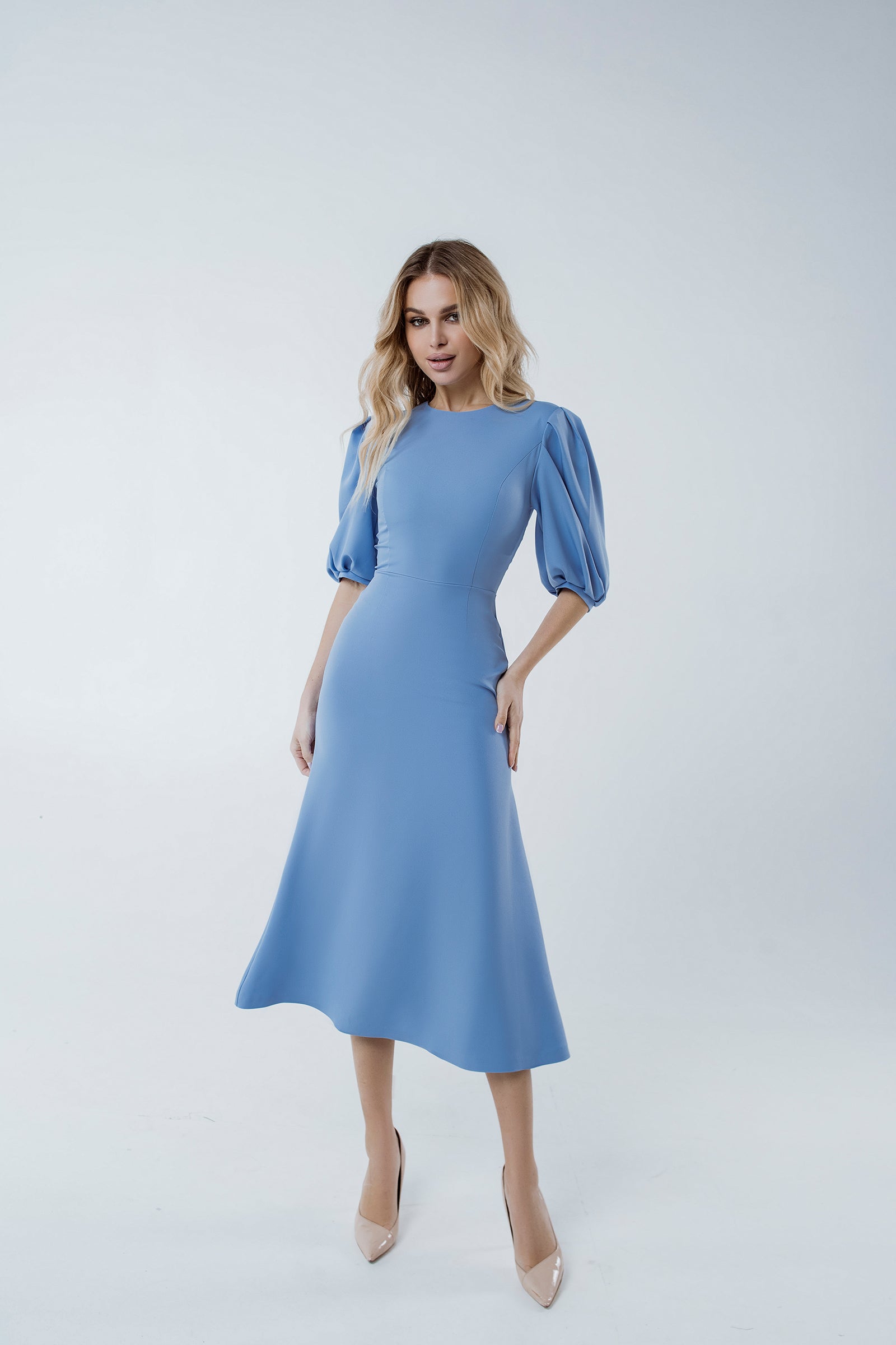 trinarosh Sky-Blue Puff Sleeve Midi Dress