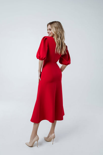 trinarosh Red Puff Sleeve Midi Dress