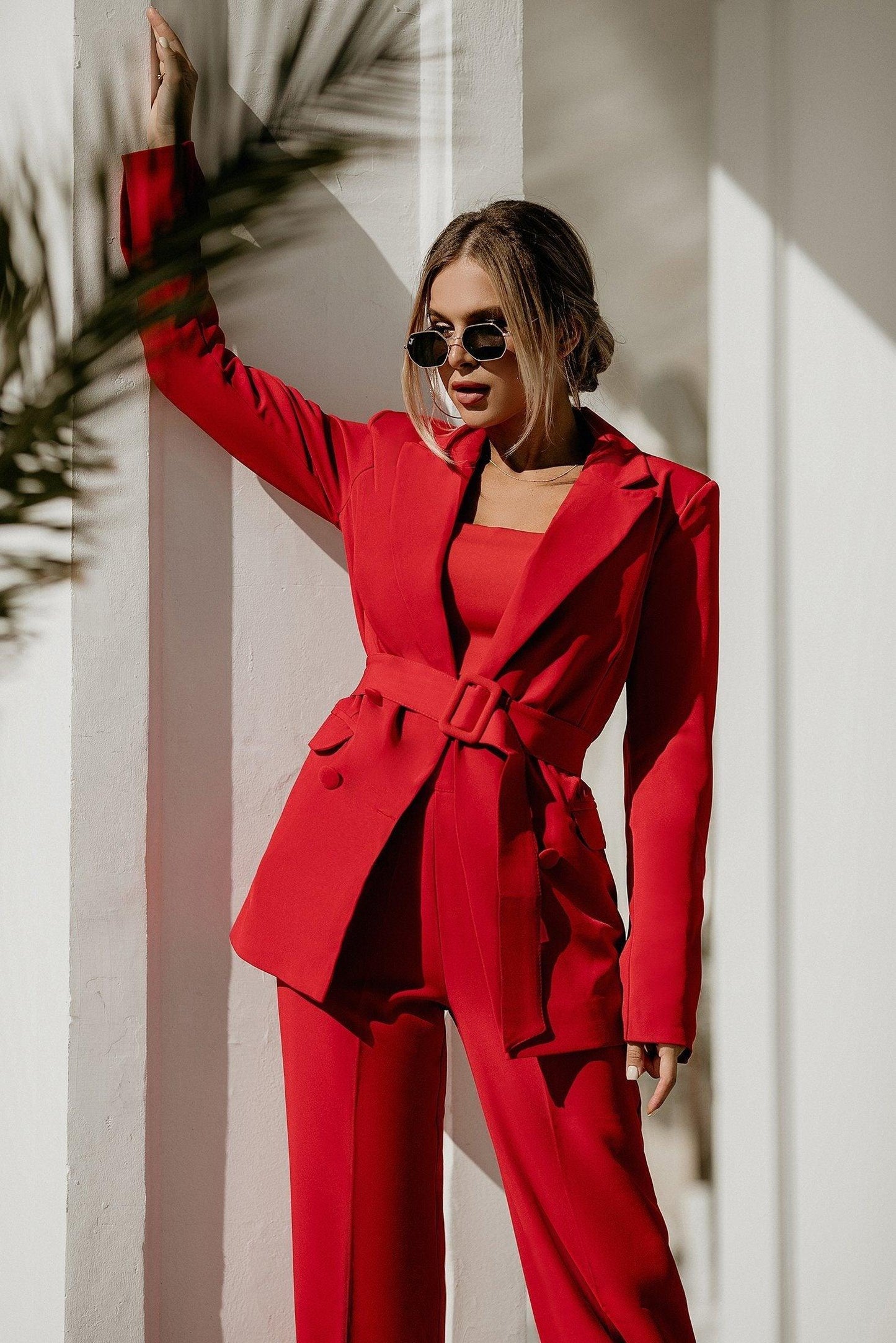 trinarosh Red Belted Double Breasted Suit 2-Piece