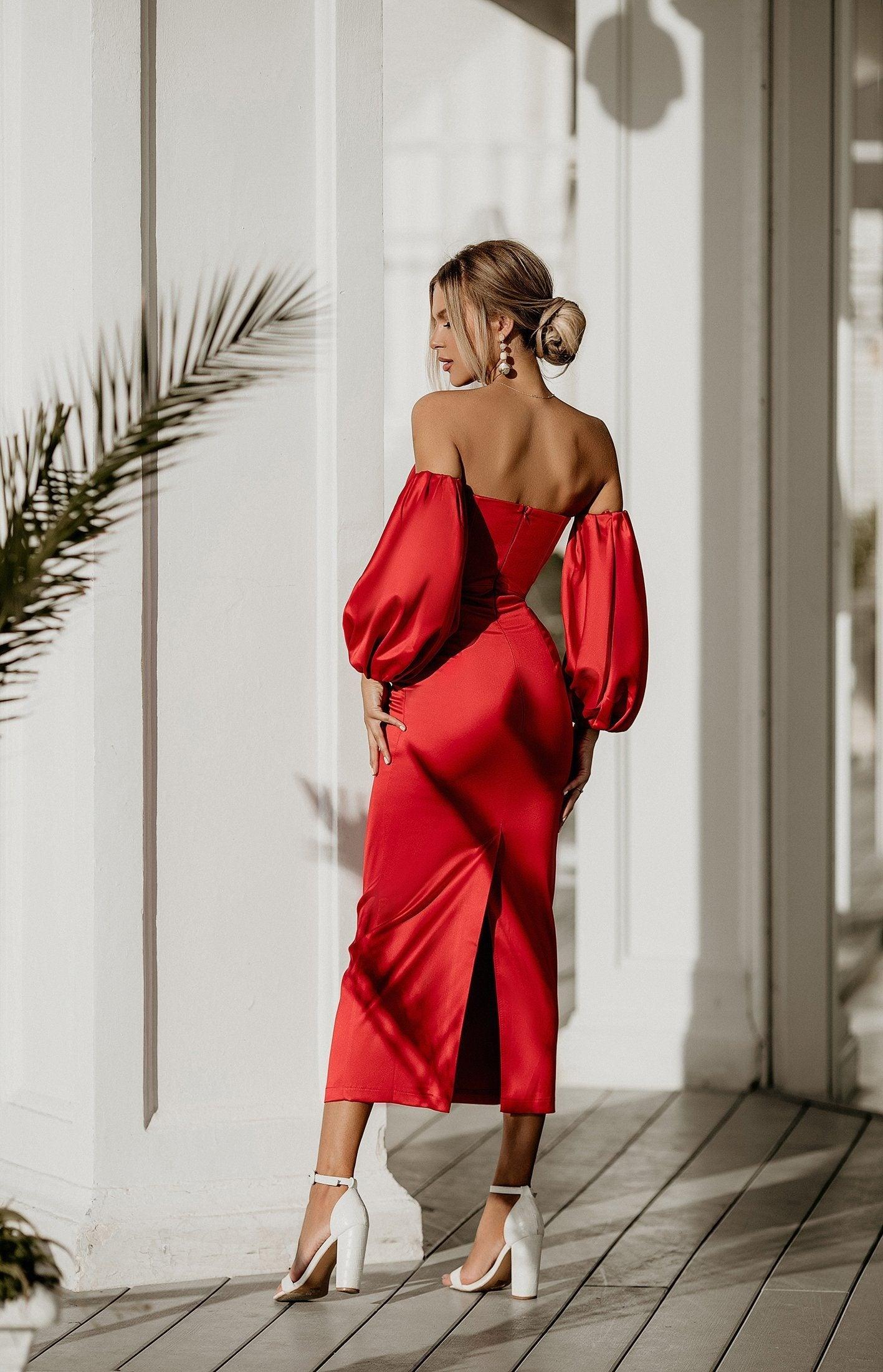 trinarosh Red Puffed Sleeve Midi Prom Dress