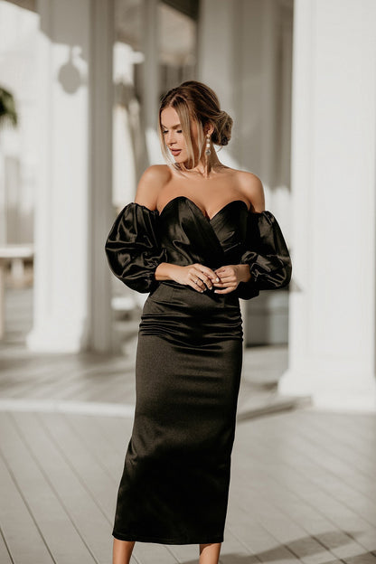 trinarosh Black Puffed Sleeve Midi Prom Dress
