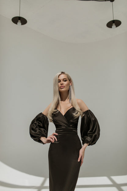trinarosh Black Puffed Sleeve Midi Prom Dress