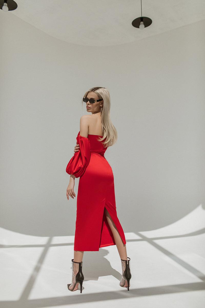 trinarosh Red Puffed Sleeve Midi Prom Dress