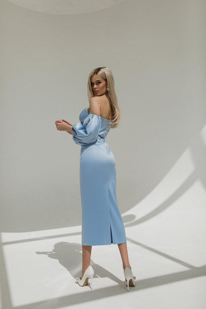 trinarosh Sky-Blue Puffed Sleeve Midi Prom Dress