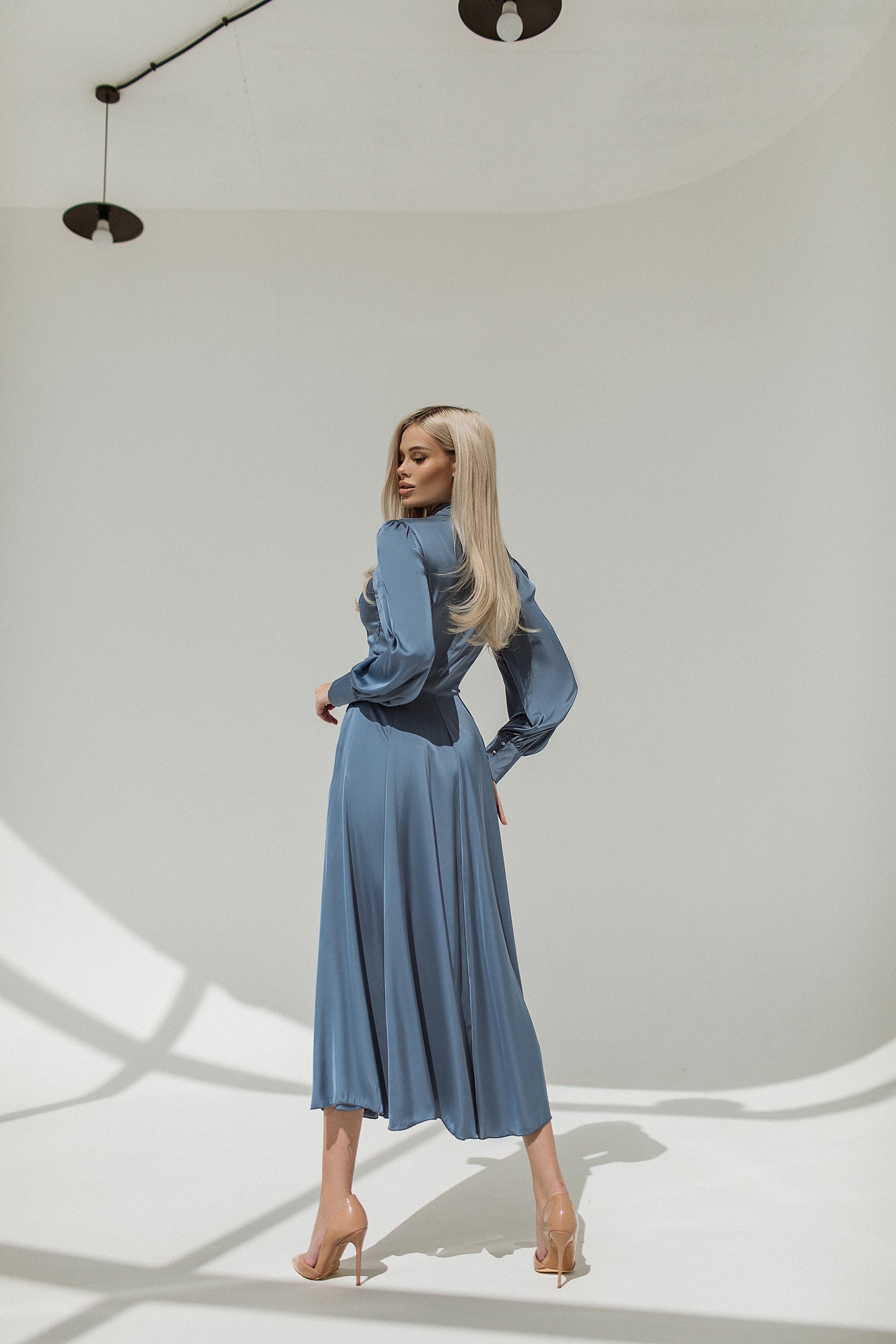 trinarosh Blue Silk Long Sleeve Maxi Dress
