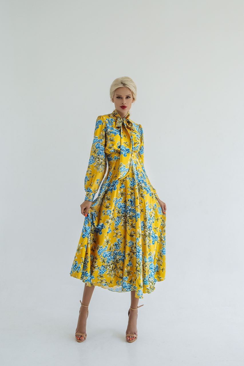 trinarosh Exclusive Yellow Dress With Blue Flowers Print