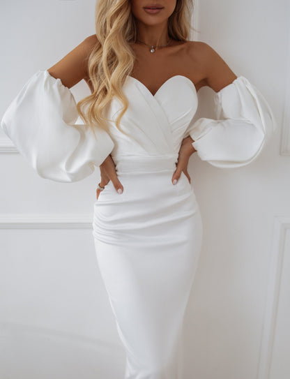trinarosh White Puffed Sleeve Midi Dress