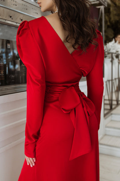 trinarosh Red Puff Sleeve Belted Maxi Dress