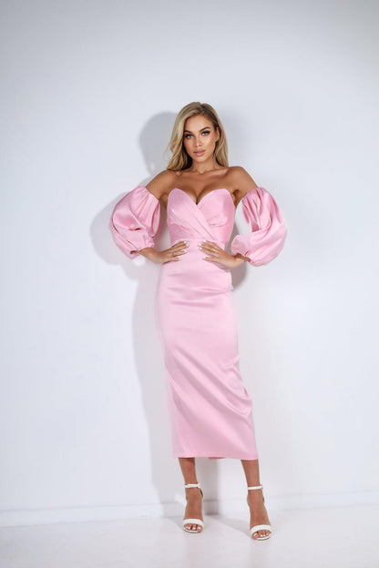 trinarosh Pink Puffed Sleeve Midi Dress