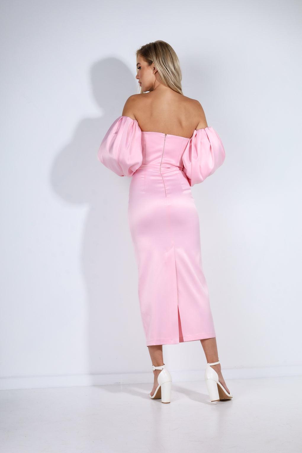 trinarosh Pink Puffed Sleeve Midi Dress