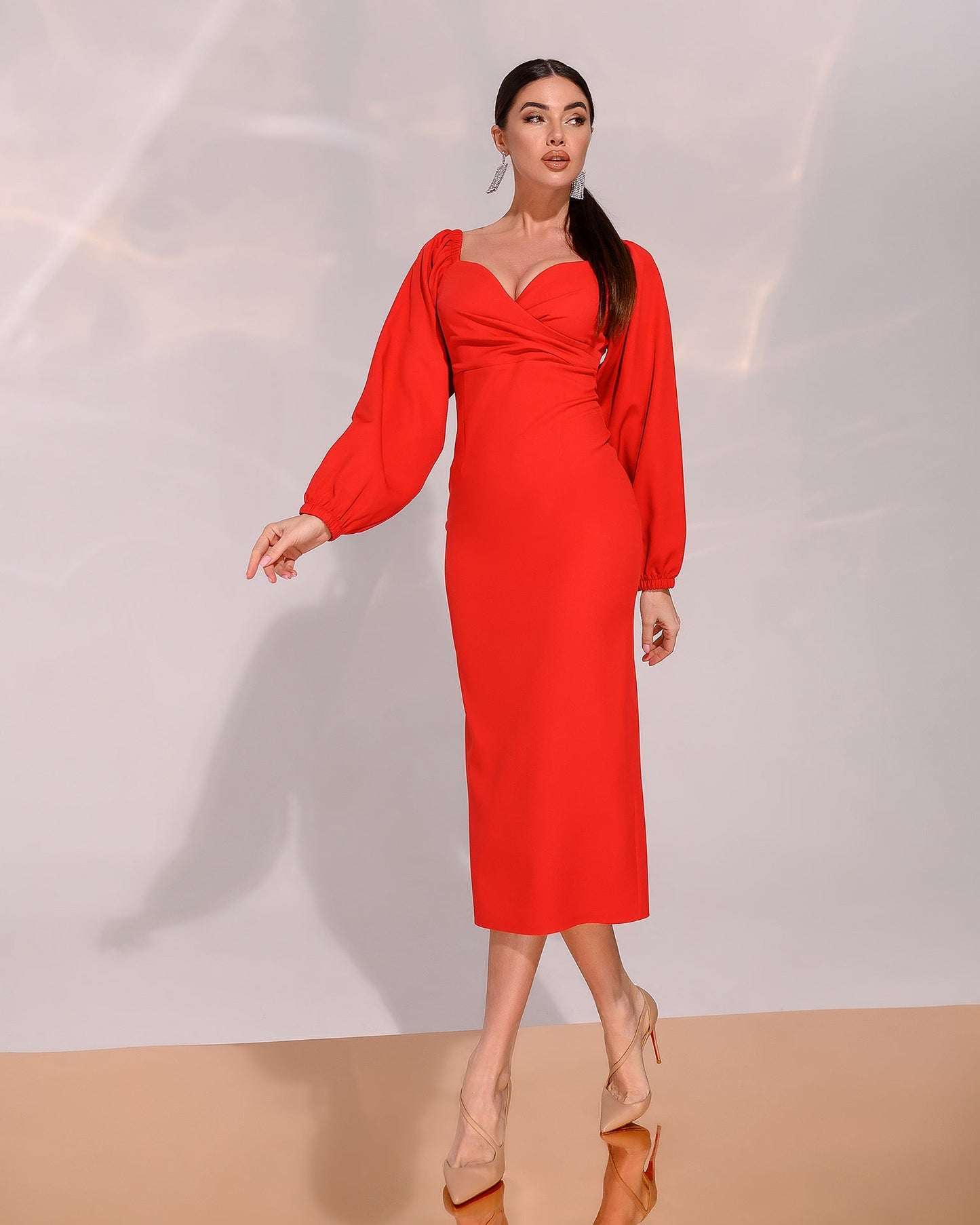 trinarosh Red Puff-Sleeve Midi Dress
