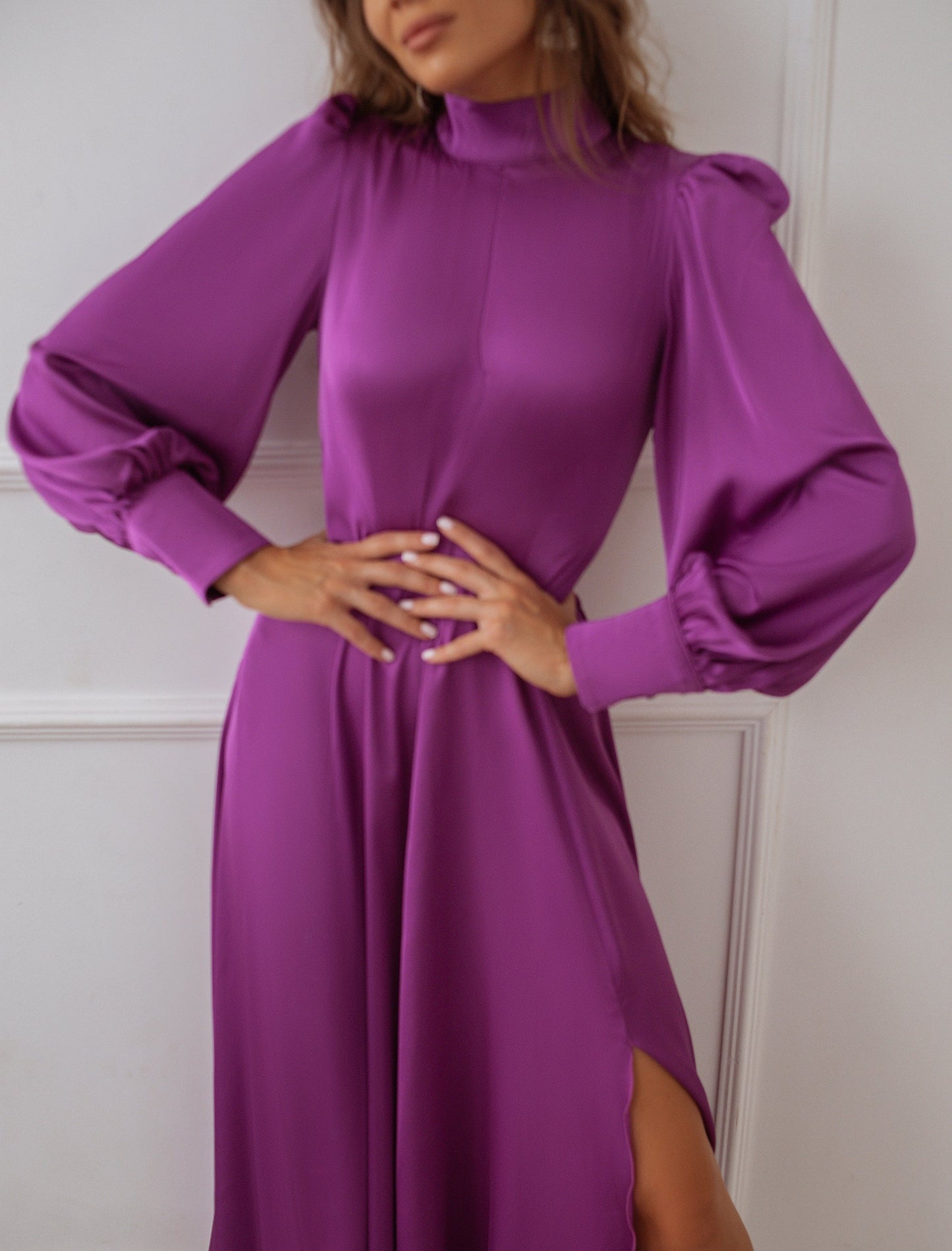 trinarosh Fuchsia Silk Long Sleeve Maxi Dress
