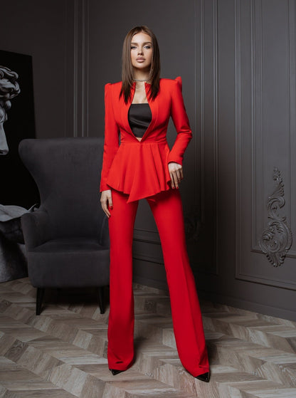 trinarosh Red Promo Suit 2-Piece With Basque And Flared Pants