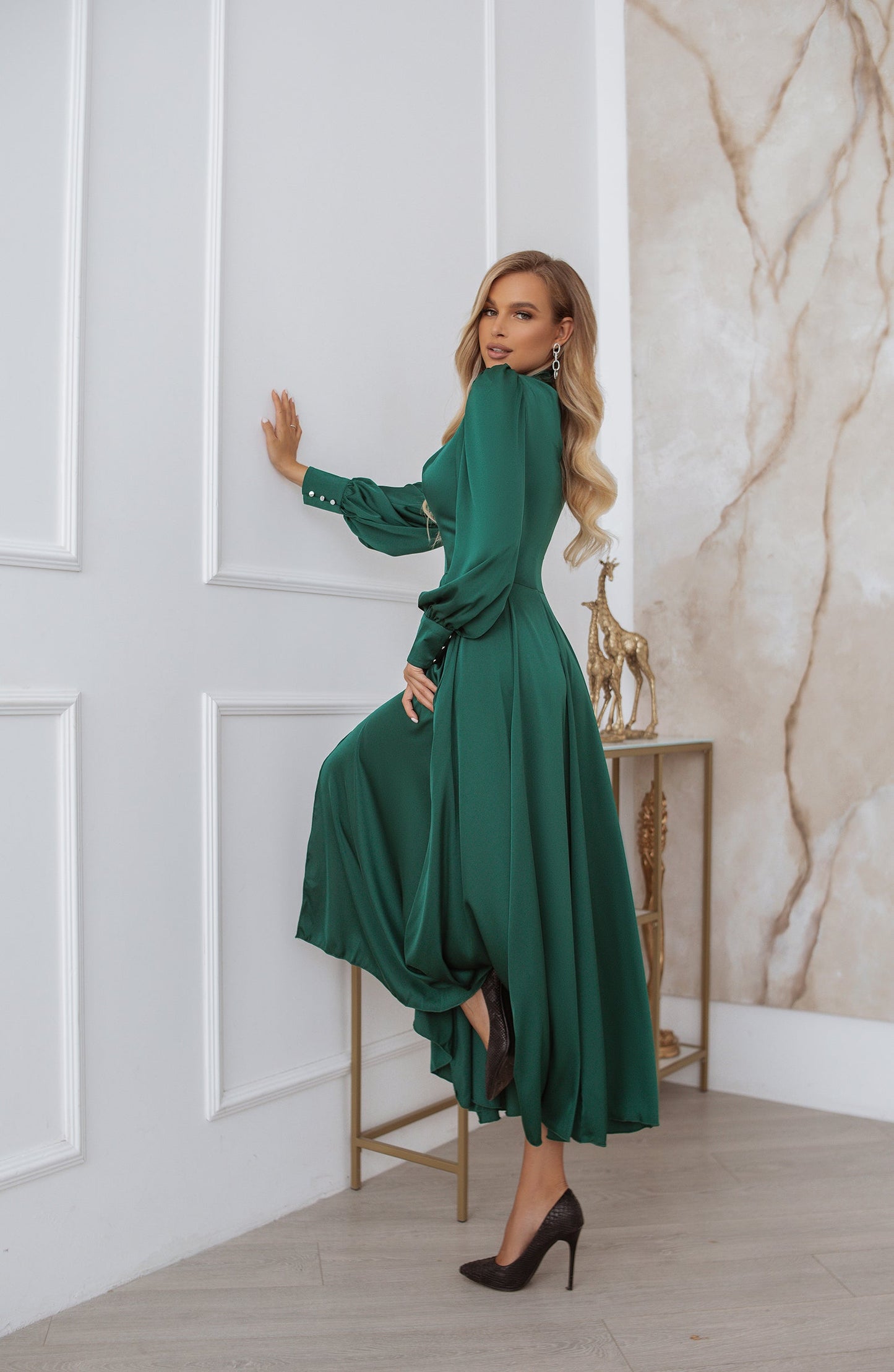 trinarosh Emerald Silk Long Sleeve Maxi Dress