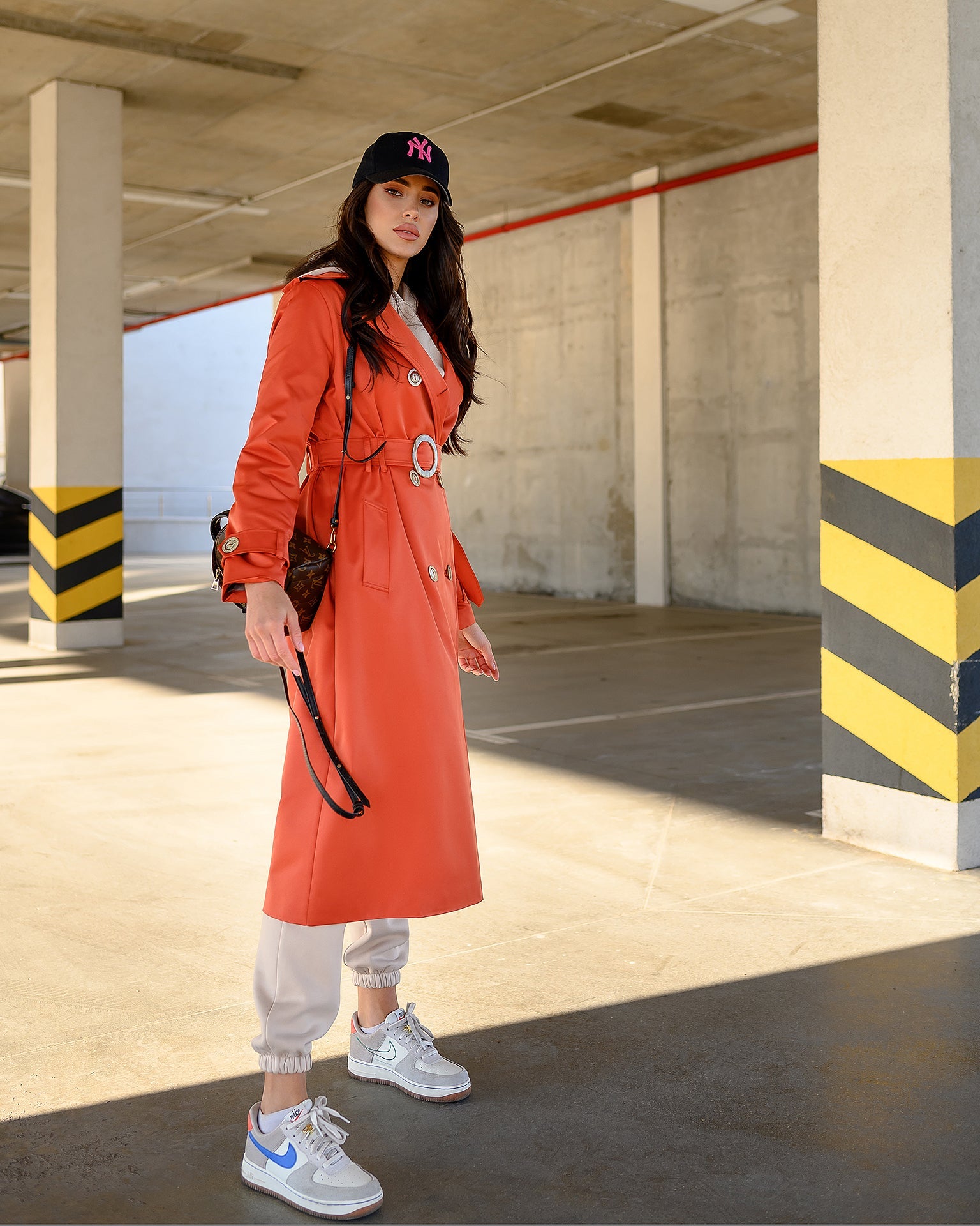 trinarosh Orange Double-Breasted Belted Trench Coat