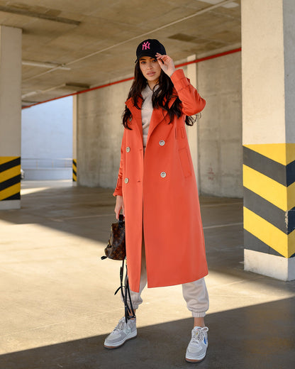 trinarosh Orange Double-Breasted Belted Trench Coat