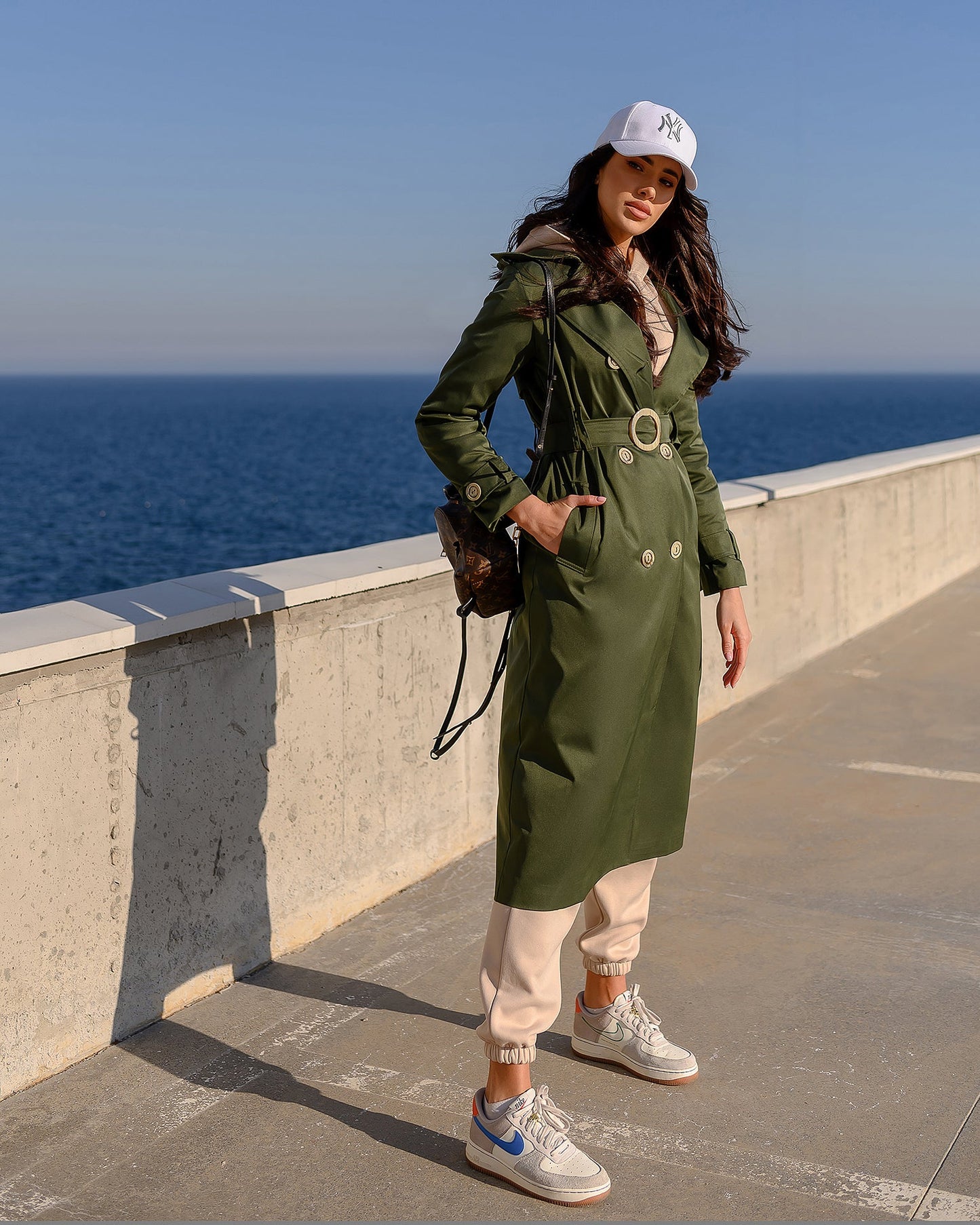 trinarosh Khaki Double-Breasted Belted Trench Coat