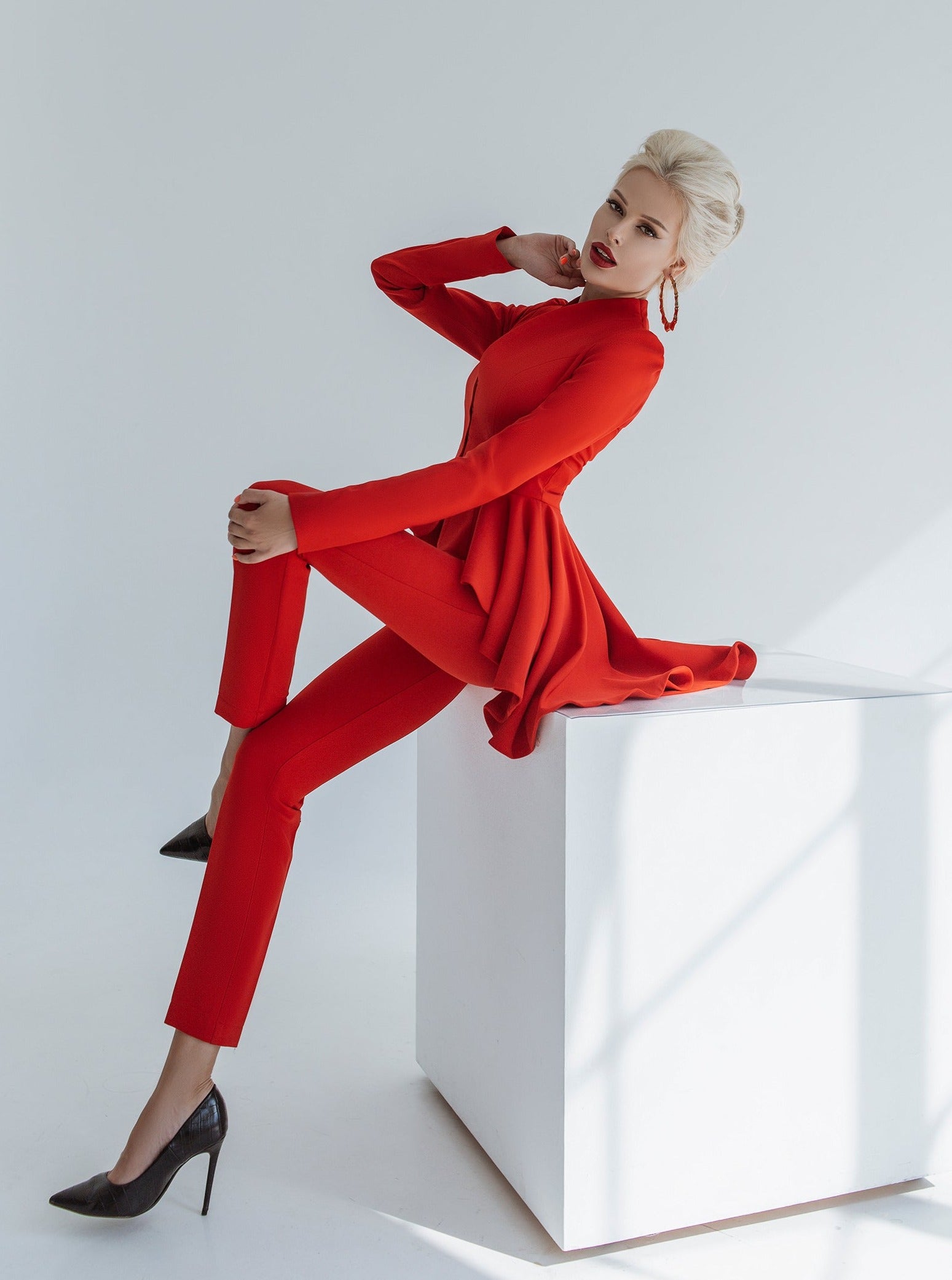 trinarosh Red Trouser 2-Piece Suit With Basque