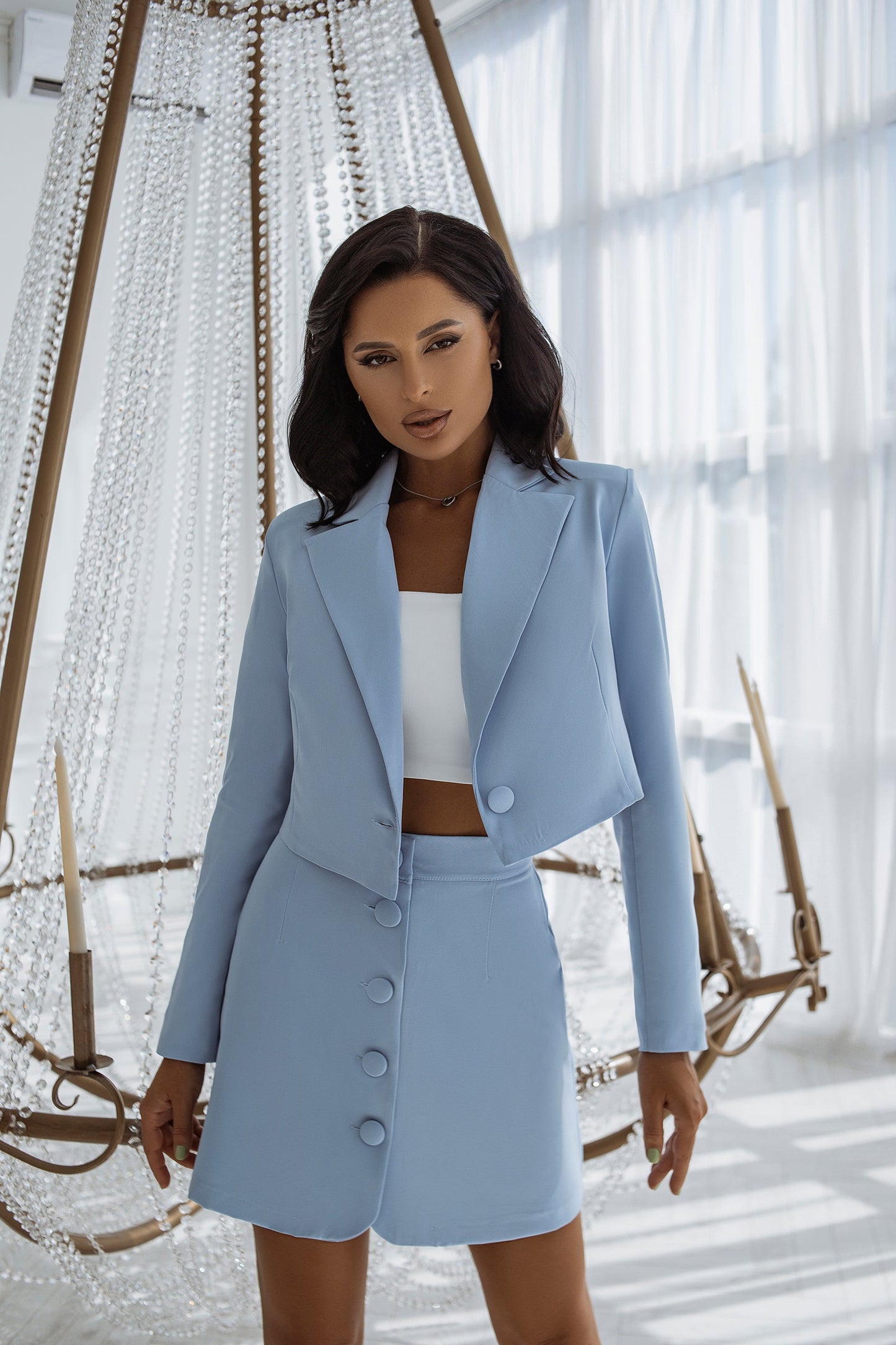 trinarosh Sky-Blue Crop Jacket Skirt Suit 2-Piece