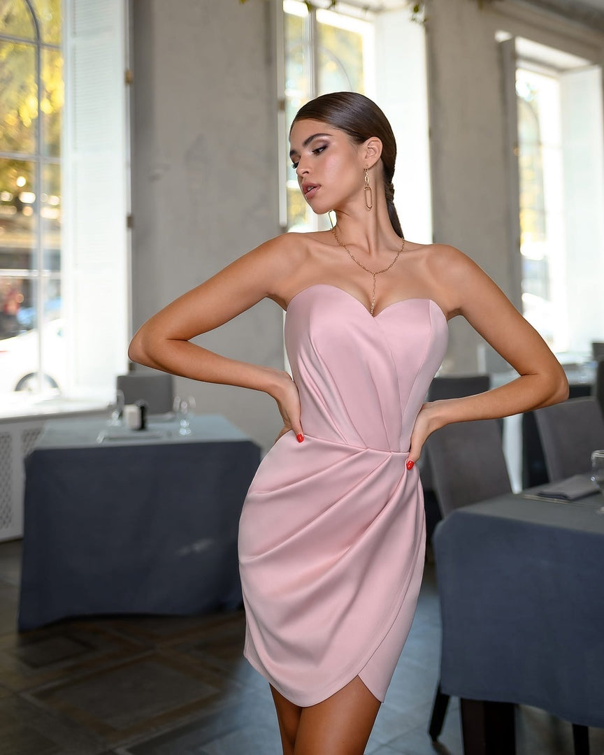 pink satin strapless mini dress Pink Satin Strapless Bubble Mini Dress Pink / 6