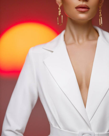a woman wearing a white suit and gold earrings